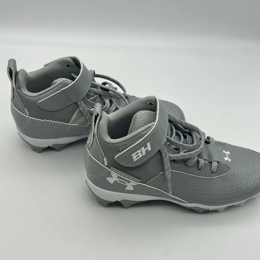Under Armour Boys Baseball Cleats Gray White Mid Top Size 3.5Y Hook Loop